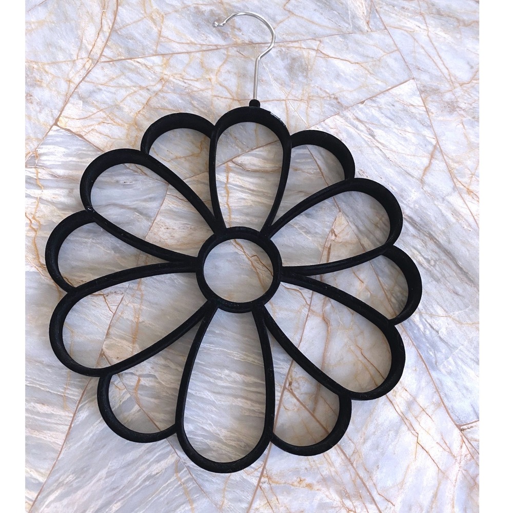 Black Velvet Flocked Flower Scarf Hanger 12 Loop Belt Accessory Organizer